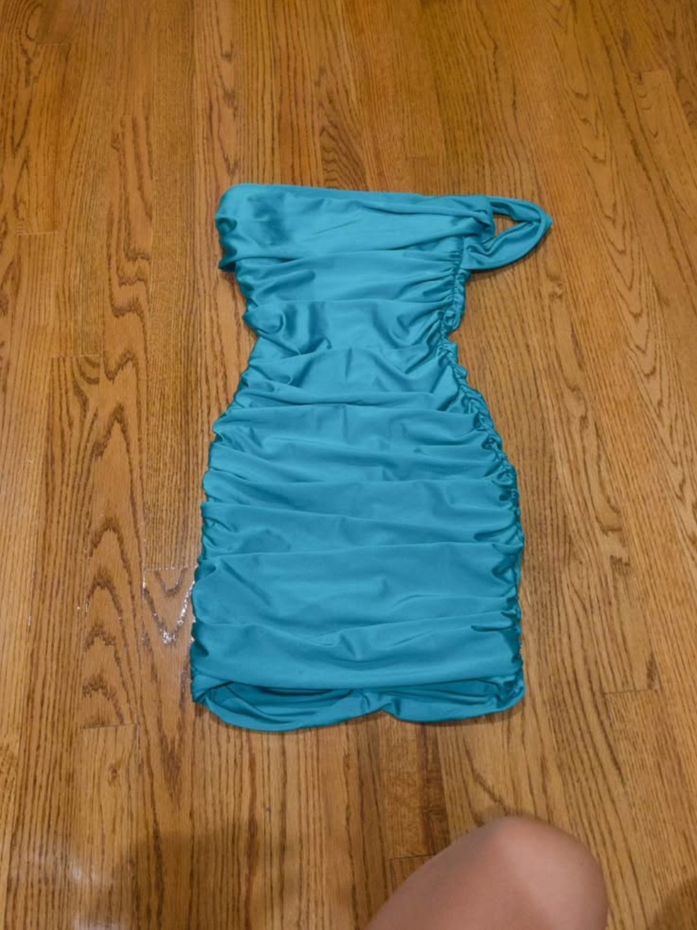 Turquoise One-Shoulder Ruched Mini Dress